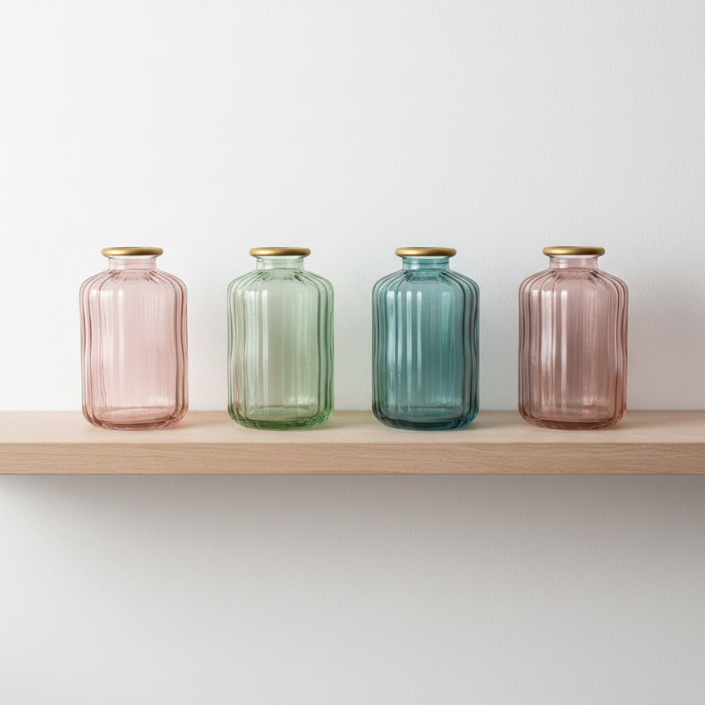 Four Glass Vases on Shelf Square