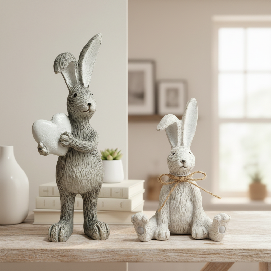 Grey Resin Rabbit Ornaments – Standing Heart Bunny & Sitting Bow Bunny | Set of 2