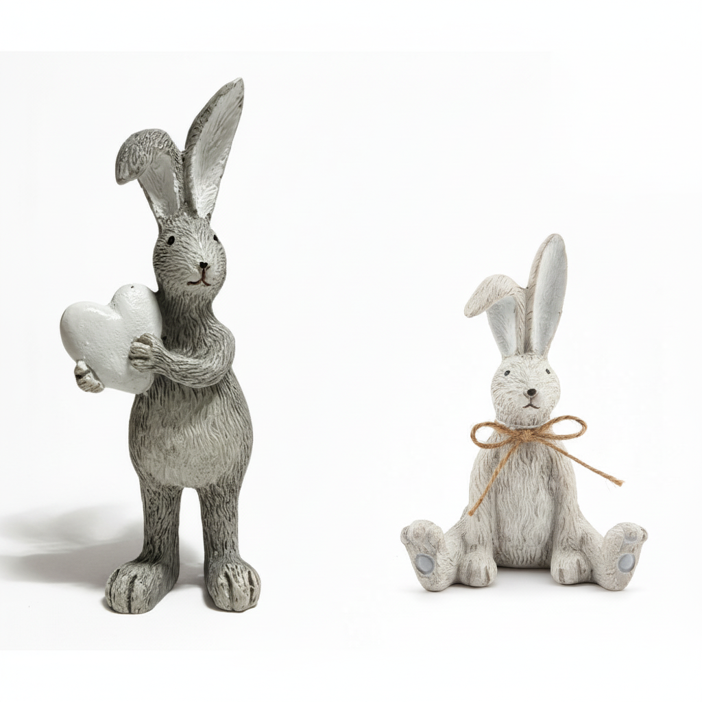 Grey Resin Rabbit Ornaments – Standing Heart Bunny & Sitting Bow Bunny | Set of 2