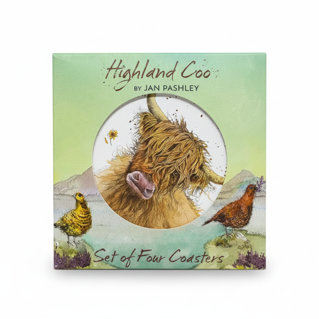 Highland Coo coasters on white square background