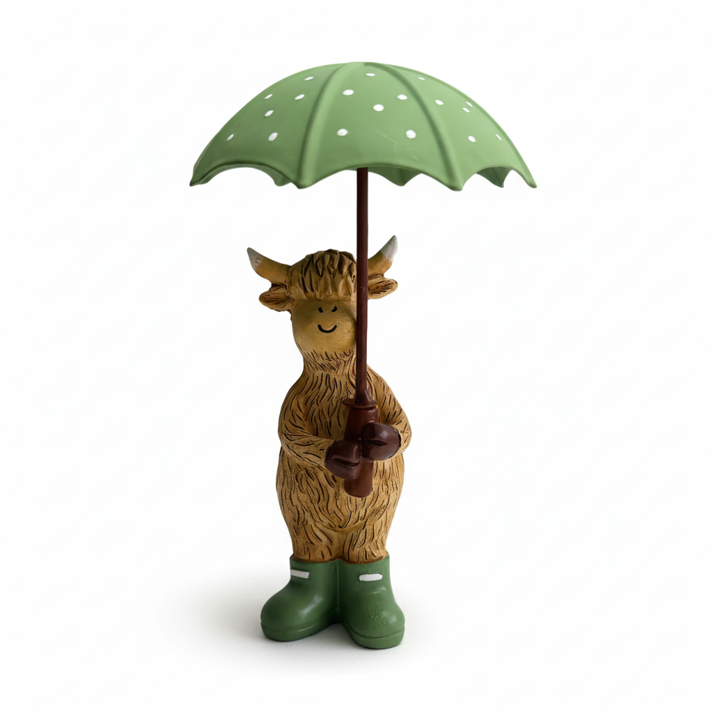 Highland cow with umbrella figurine – white background, square