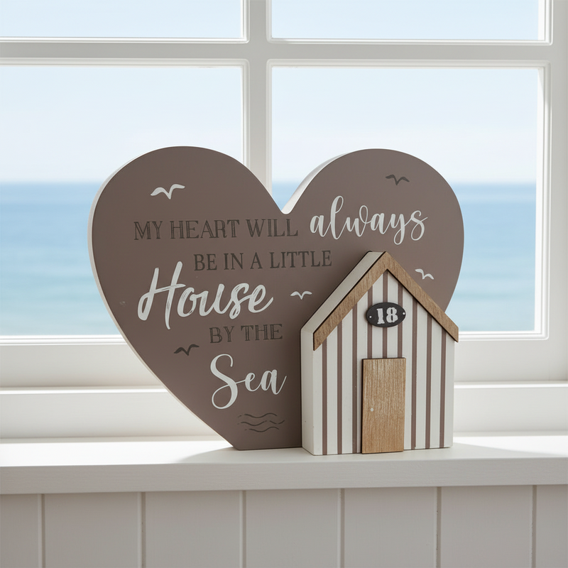 House By The Sea Heart Sign & Beach Hut Ornament Set