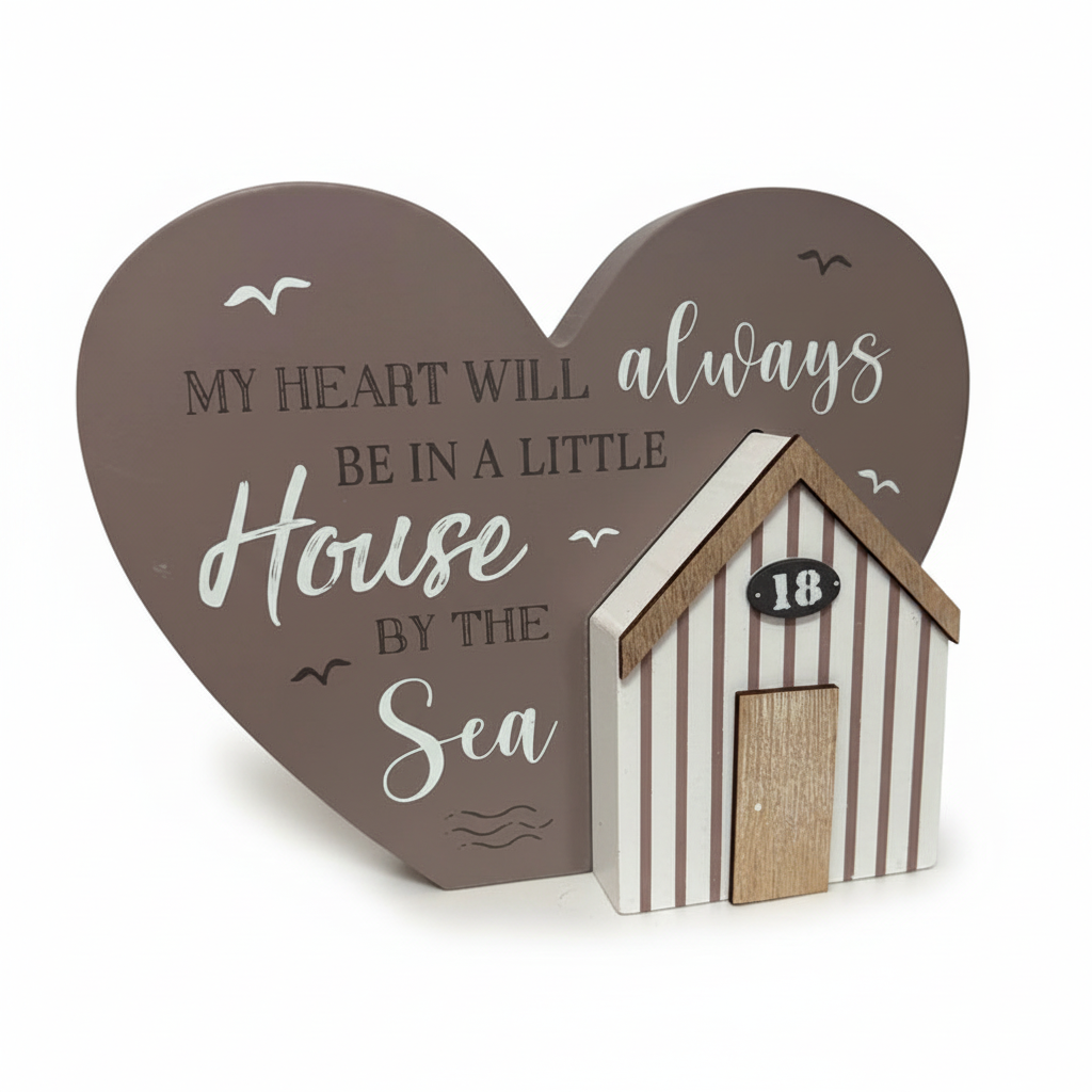 House By The Sea Heart Sign & Beach Hut Ornament Set