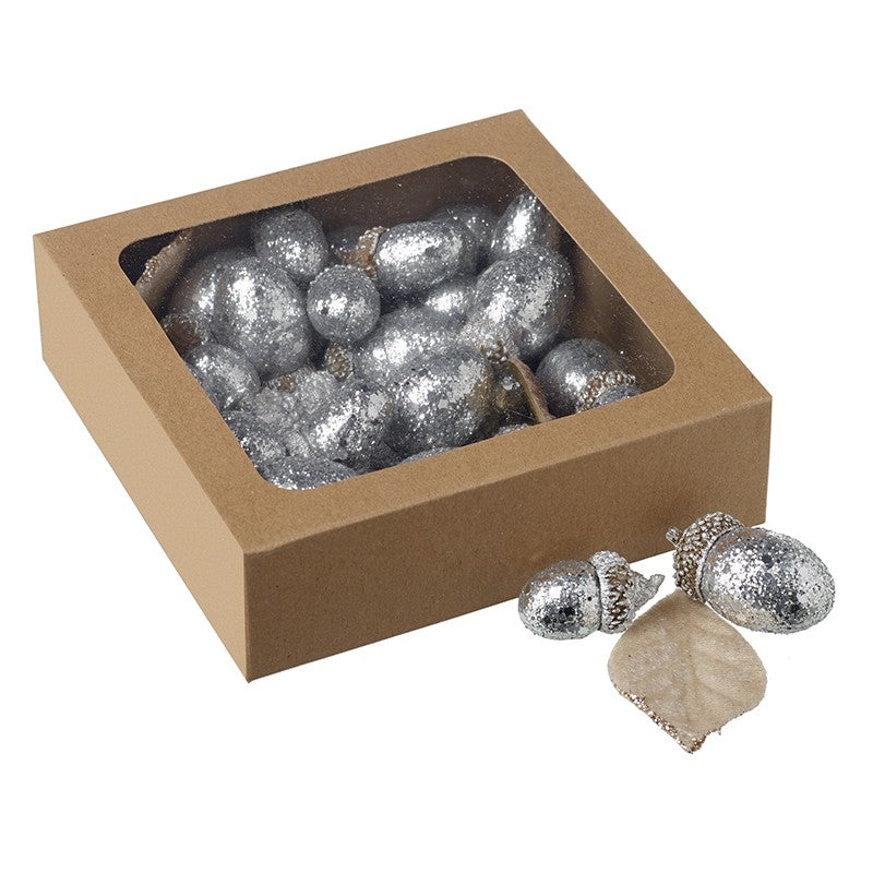 Box of 24 x Small Silver Glitter Acorn Decorations