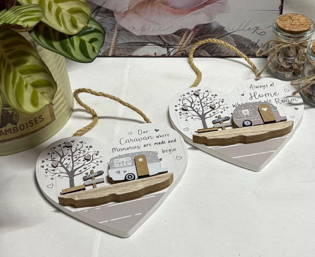 Vintage Hanging Wooden Heart Shaped Caravan Sign - 2 Designs