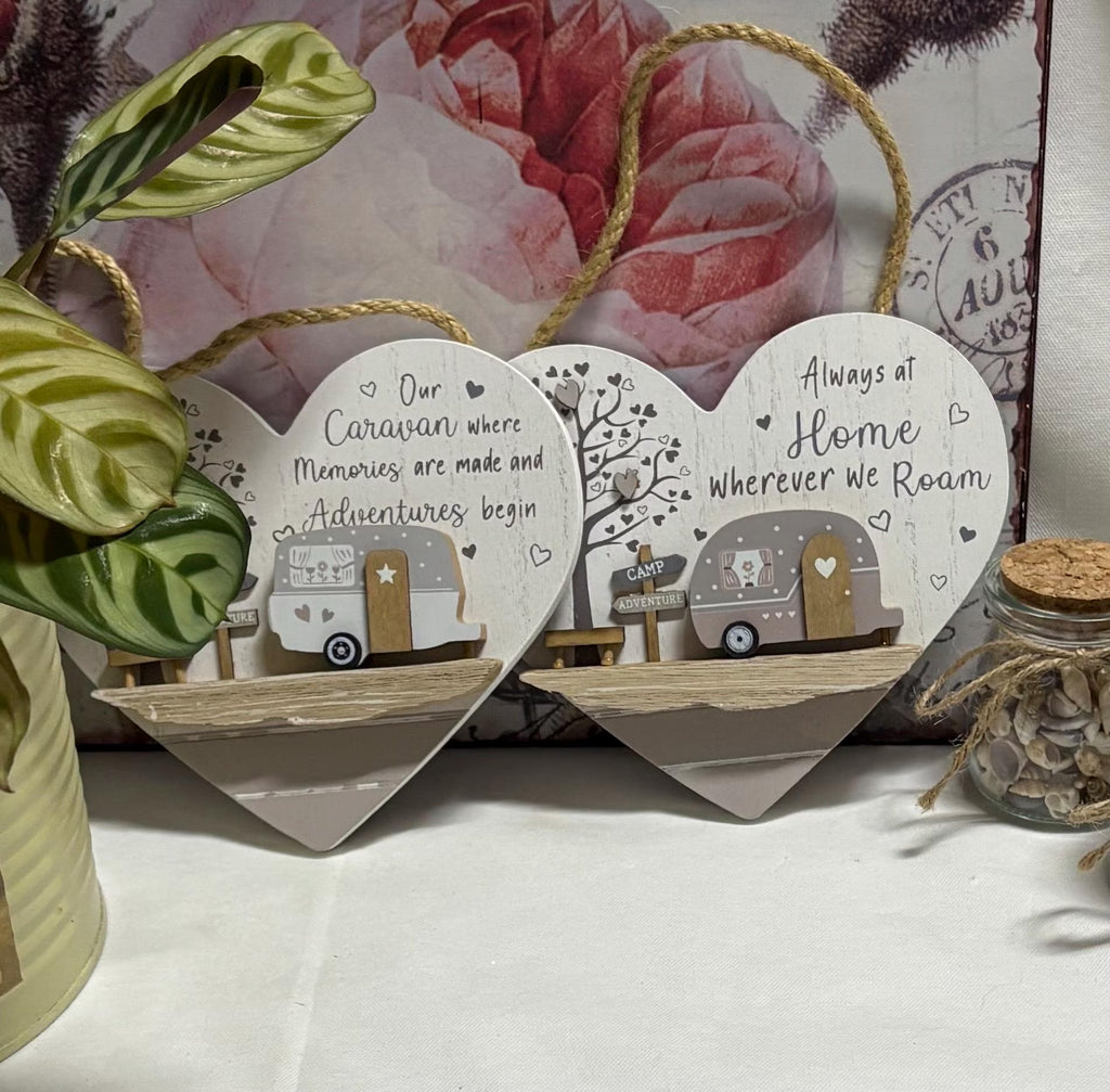 Vintage Hanging Wooden Heart Shaped Caravan Sign - 2 Designs