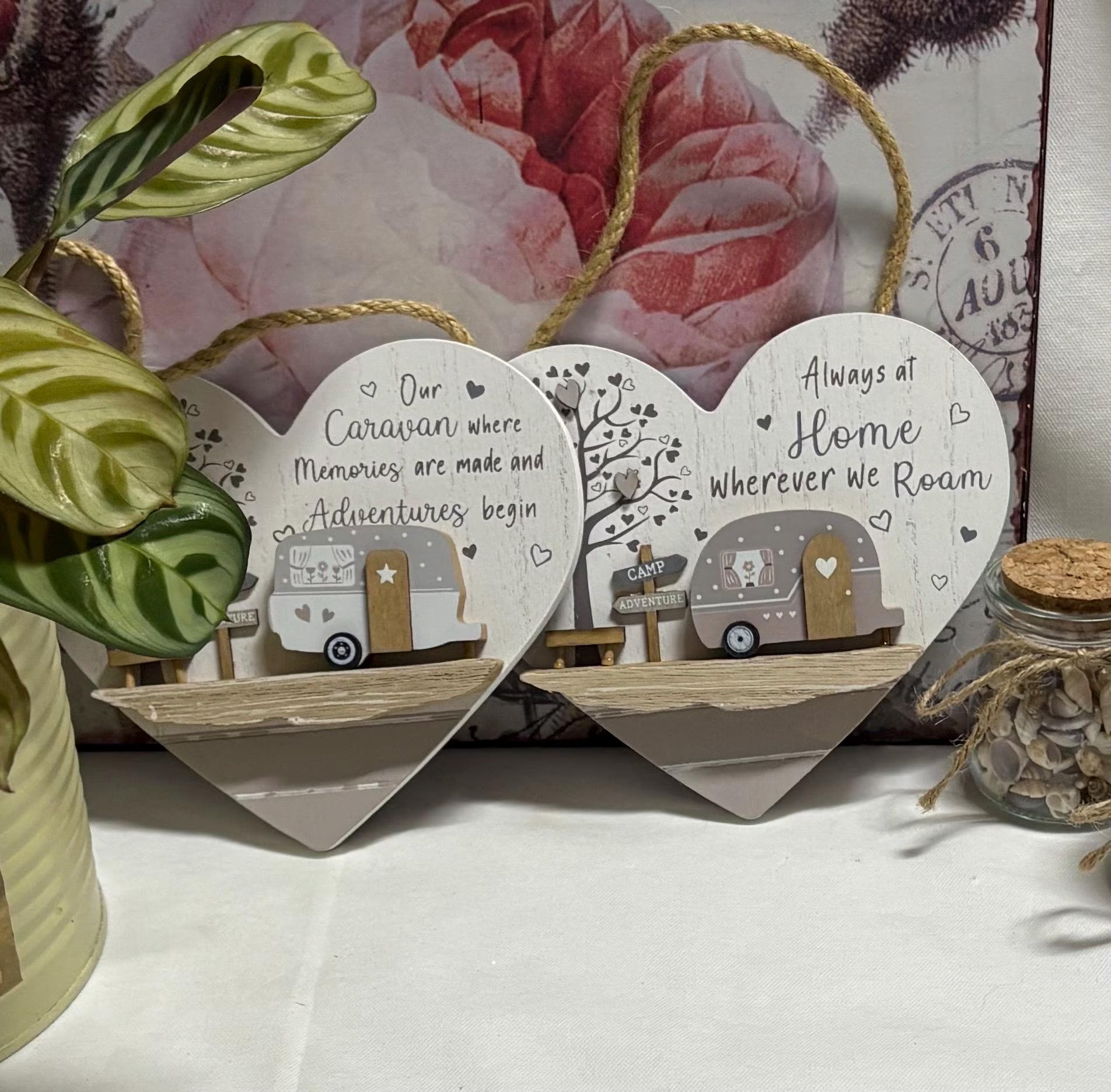 Vintage Hanging Wooden Heart Shaped Caravan Sign - 2 Designs