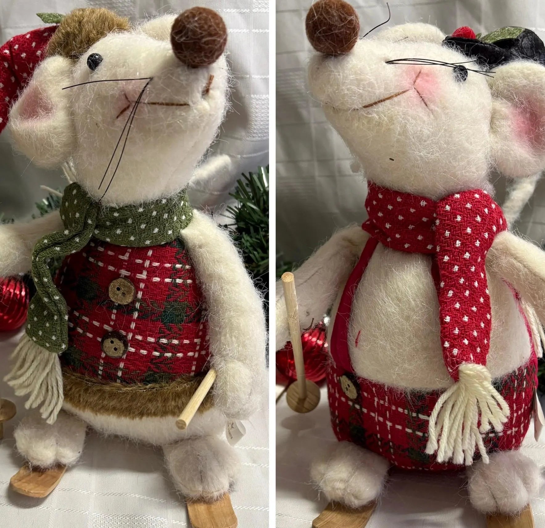 Skiing Mouse Soft Christmas Ornament - Green or Red Scarf