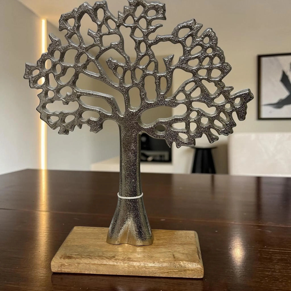 Silver Metal Tree of Life on Wooden Base Ornament