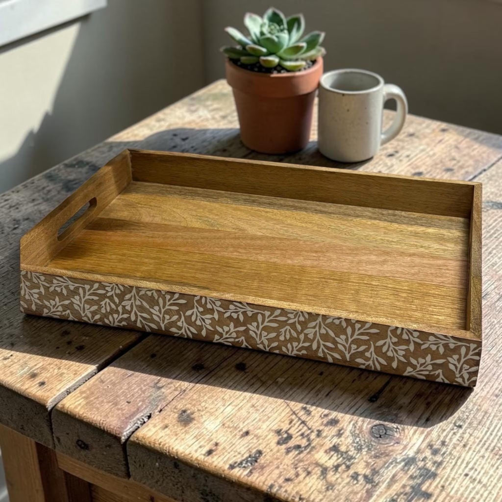 Flower Design Decorative Wooden Tray, 45cm
