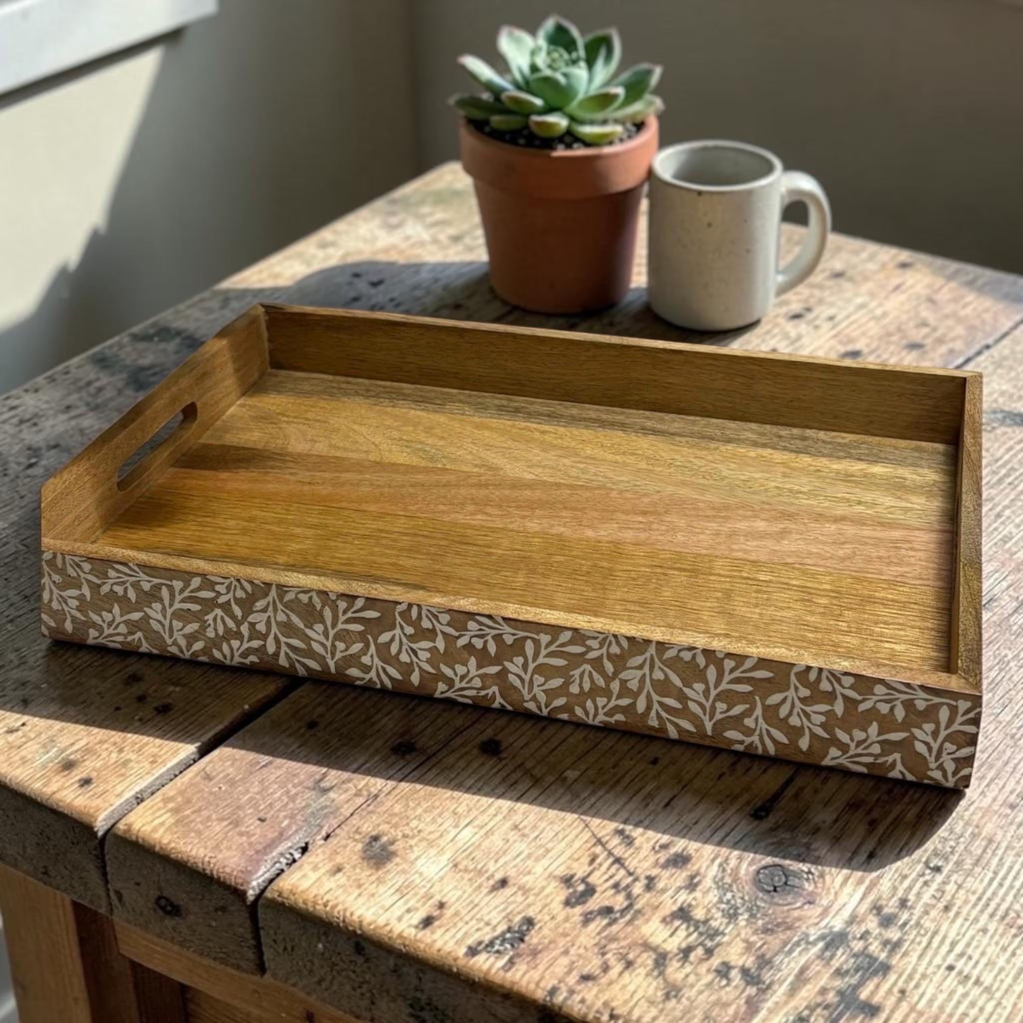 Flower Design Decorative Wooden Tray, 45cm