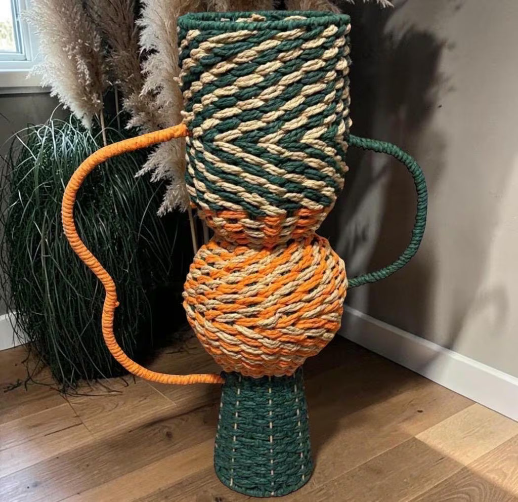 Large Orange and Green Rope Vase With Shaped Handles