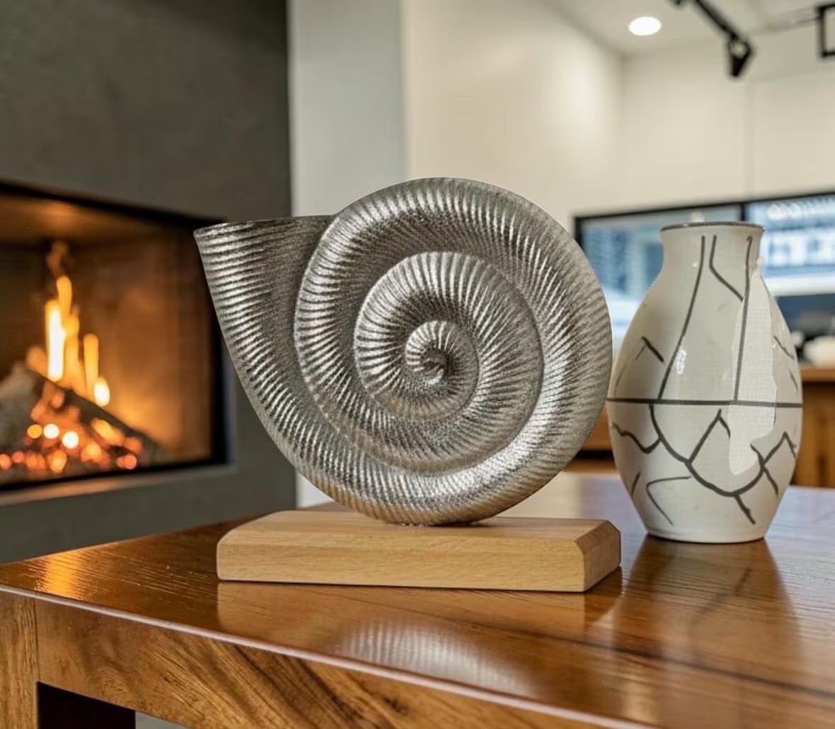 Silver Ammonite Fossil Ornament on Wooden Base - Statement Décor