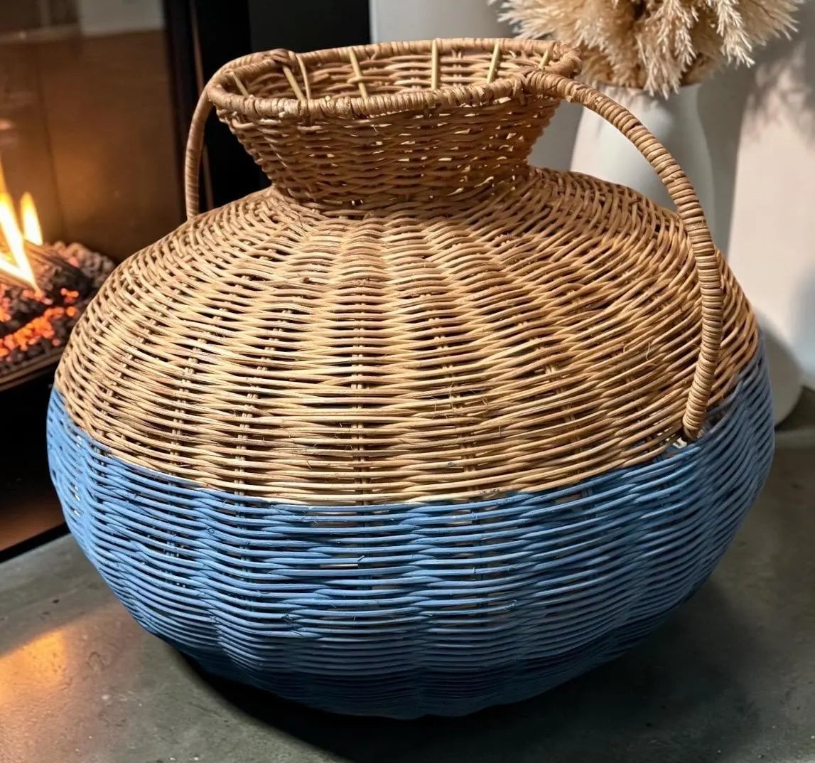 Blue Stripe Rattan Pot Vase With Handles