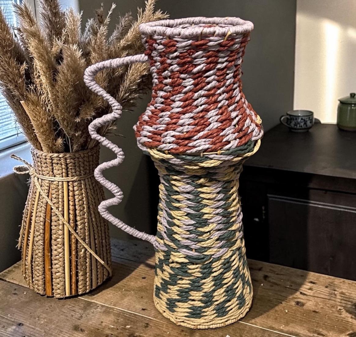 Large Patterned Rope Vase With Wavy Handle