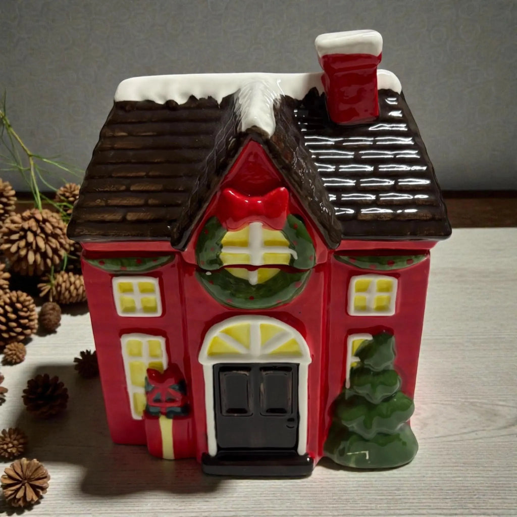 Red & Green Christmas Ceramic House Cookie Jar