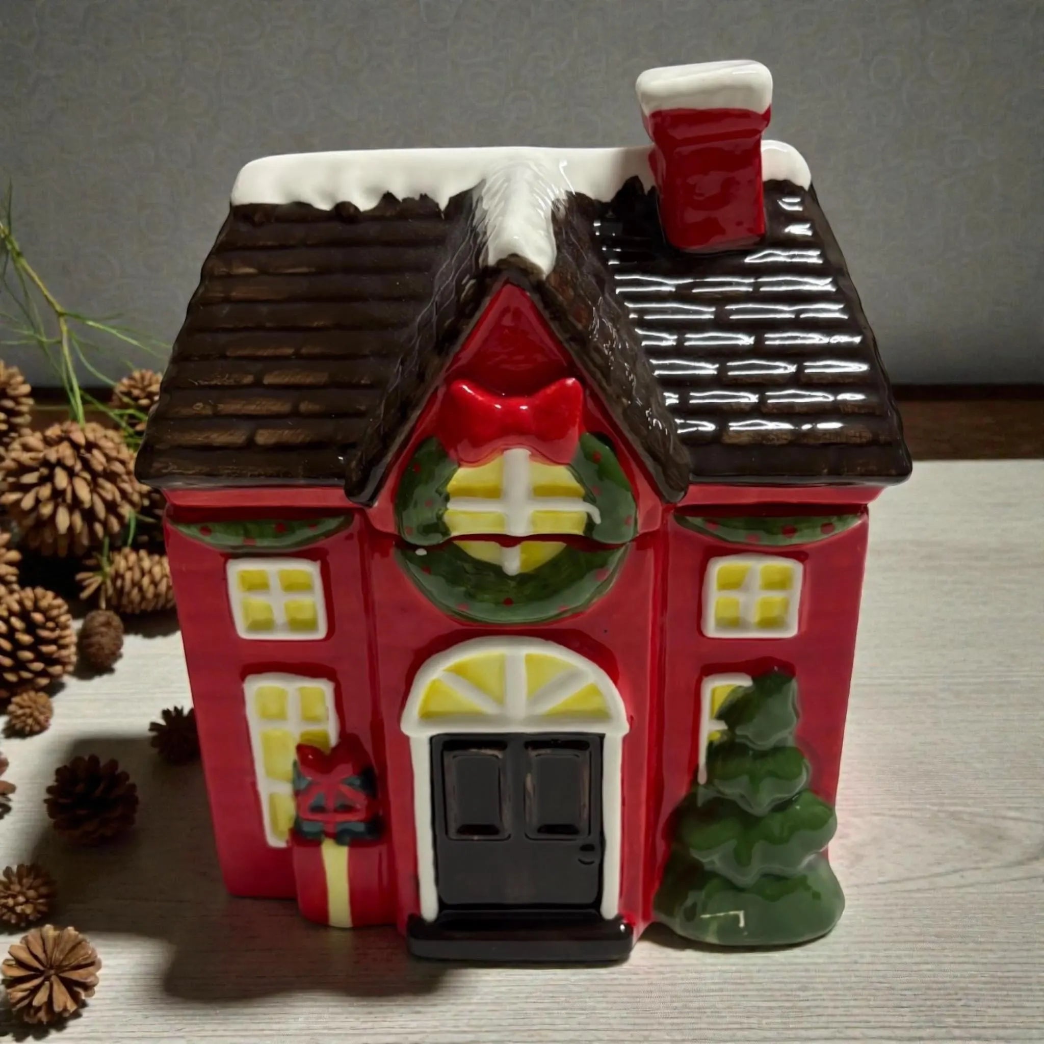Red & Green Christmas Ceramic House Cookie Jar