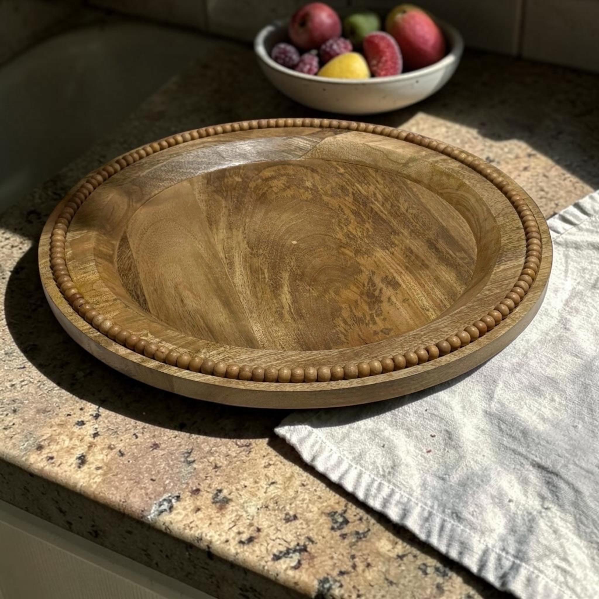 Round Wooden Beaded Edge Decorative Plate, 40cm