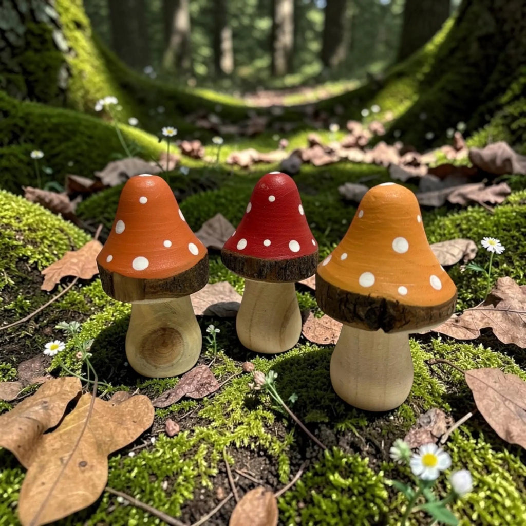 Set of 3 x Colourful Wooden Mushrooms, 10cm - 3 Colours