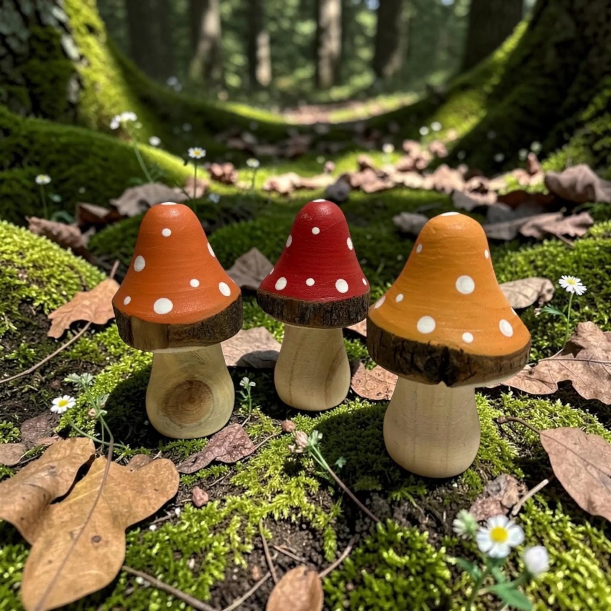 Set of 3 x Colourful Wooden Mushrooms, 10cm - 3 Colours