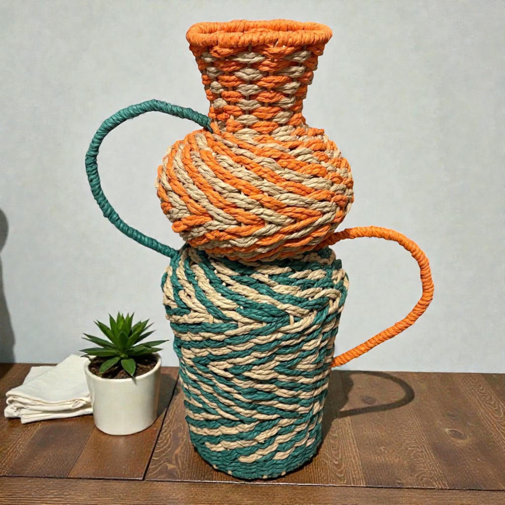 Large Orange And Green Rope Vase With Handles