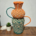 Large Orange And Green Rope Vase With Handles