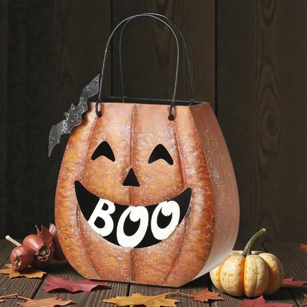Orange Metal Boo Pumpkin Lantern Halloween Decoration