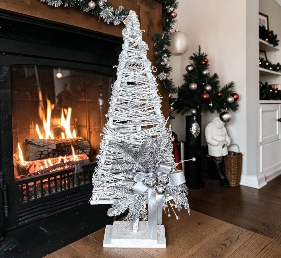 Silver & White Large Wooden Tree Ornament with Bow