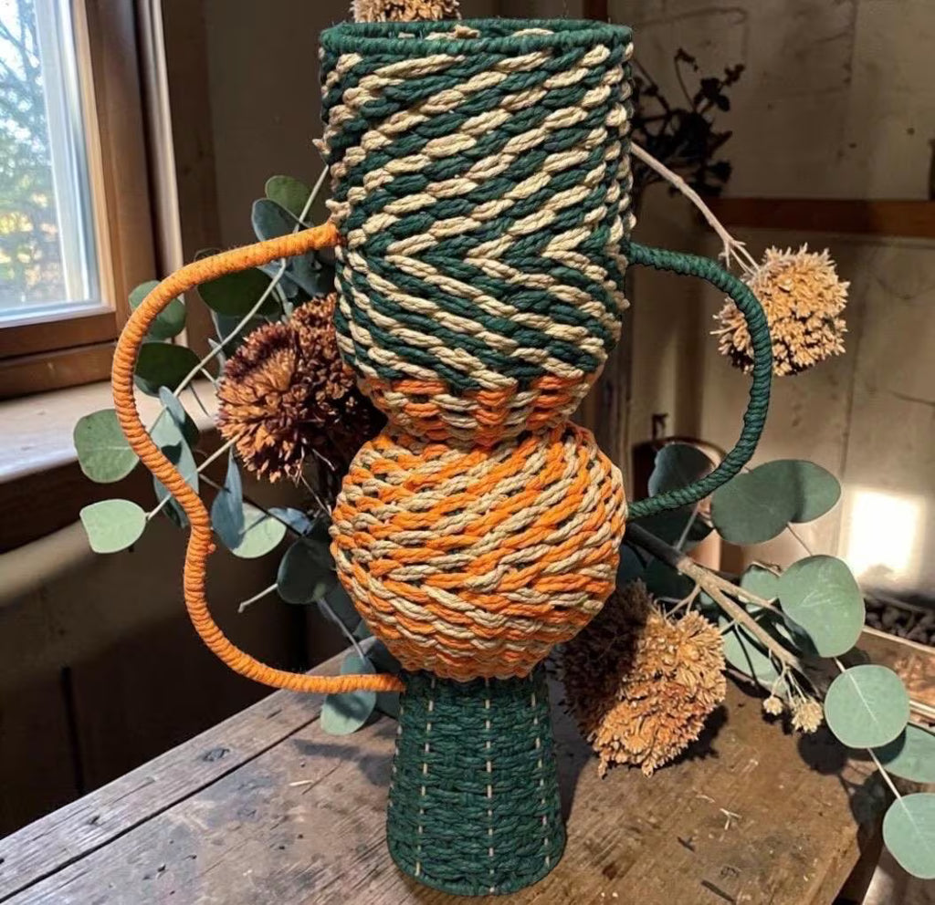 Large Orange and Green Rope Vase With Shaped Handles