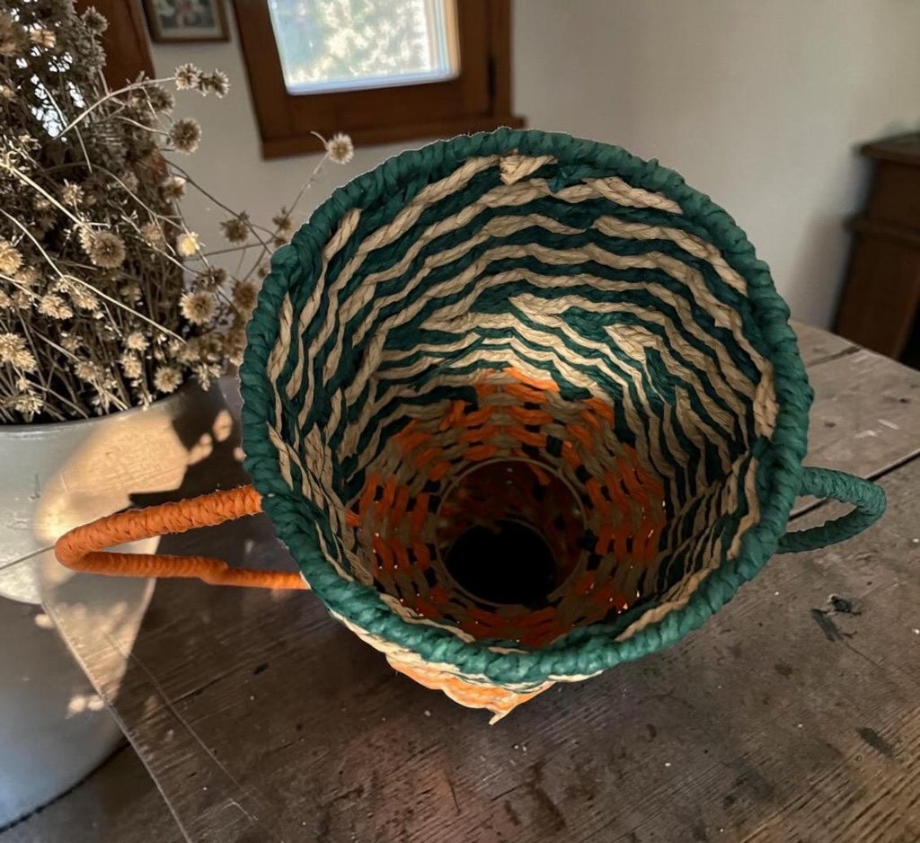 Large Orange and Green Rope Vase With Shaped Handles