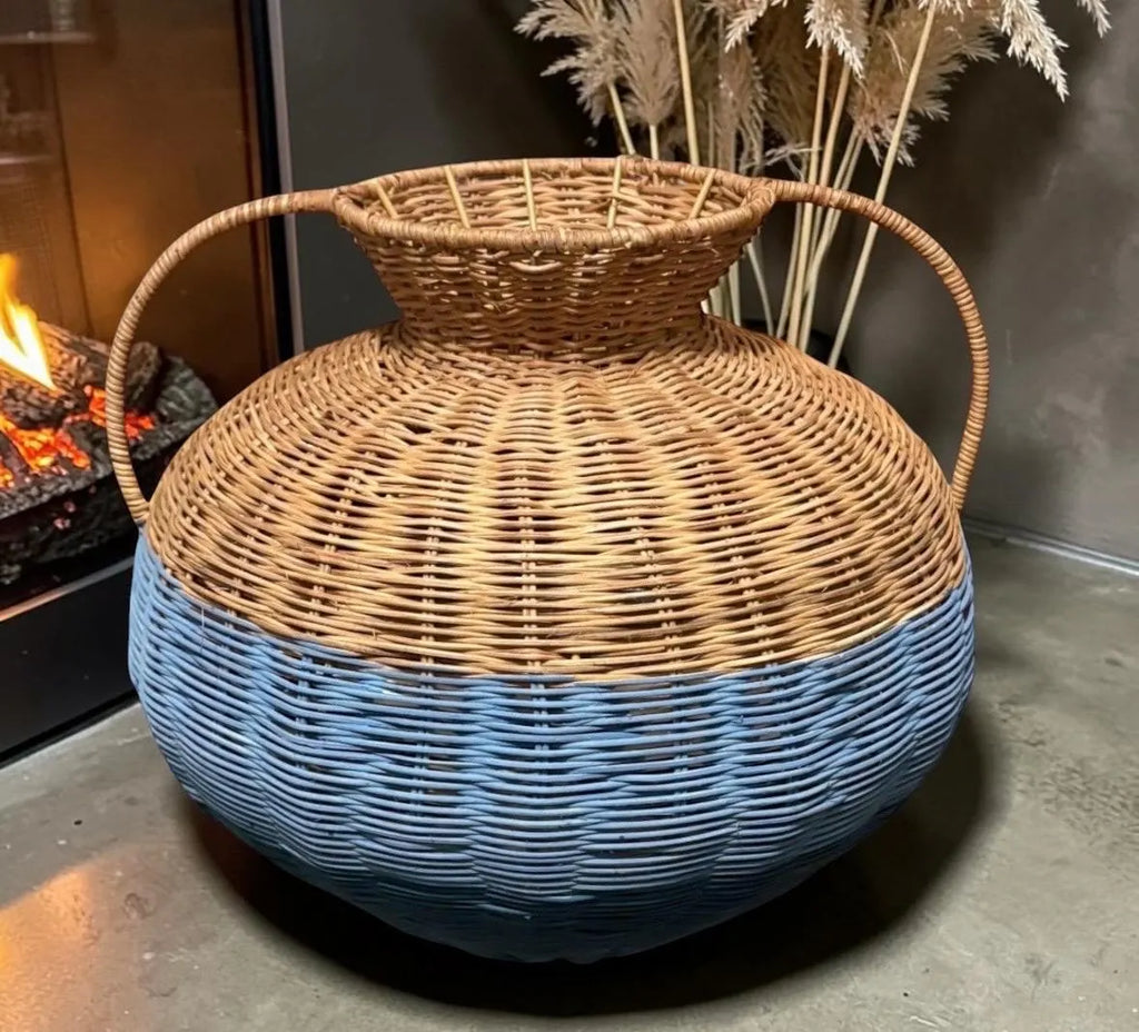 Blue Stripe Rattan Pot Vase With Handles