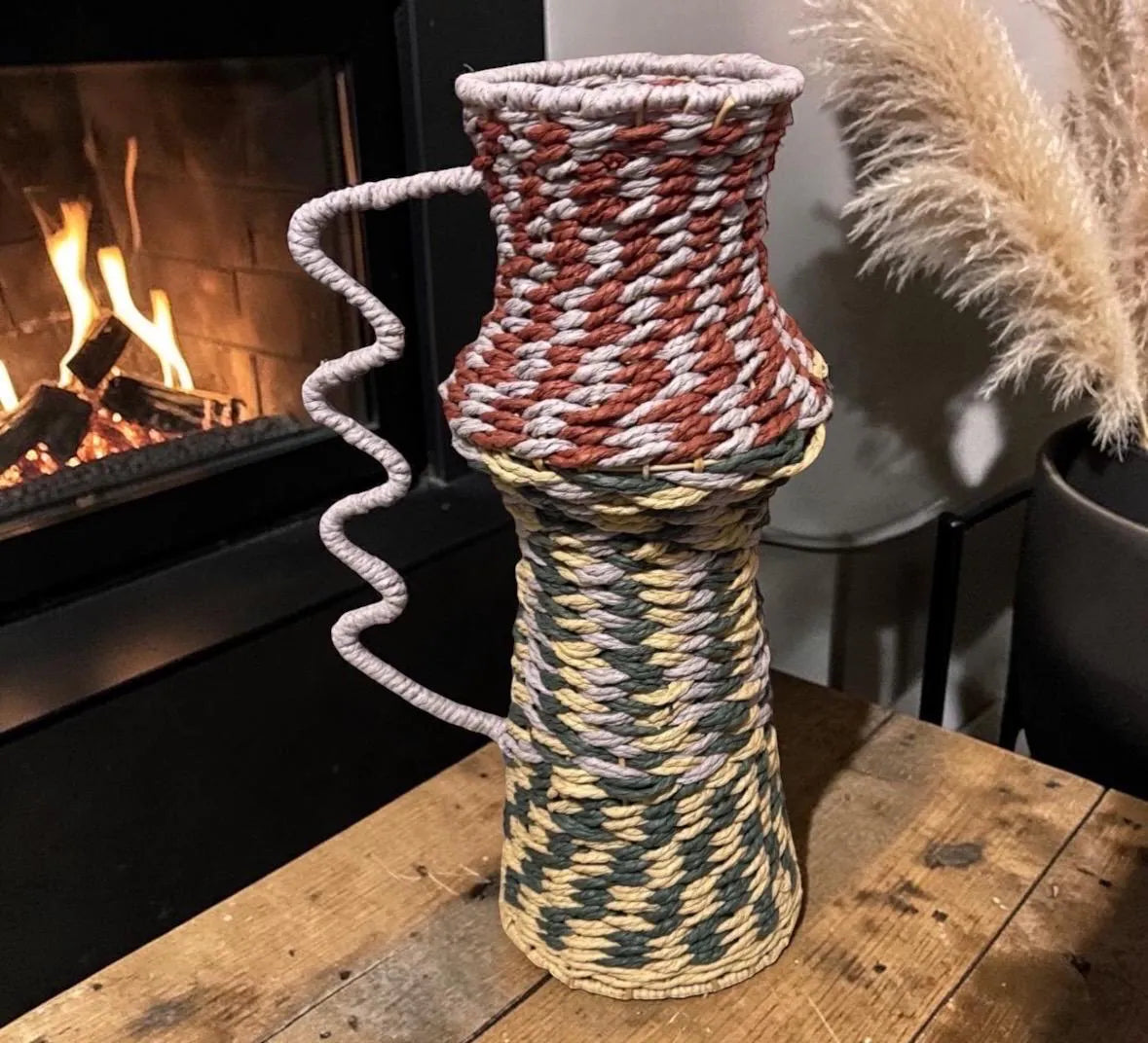 Large Patterned Rope Vase With Wavy Handle