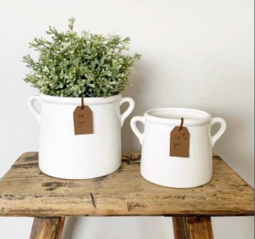 Set of Two Handled white scandi Ceramic plant Pots planters with For You Leather Tags