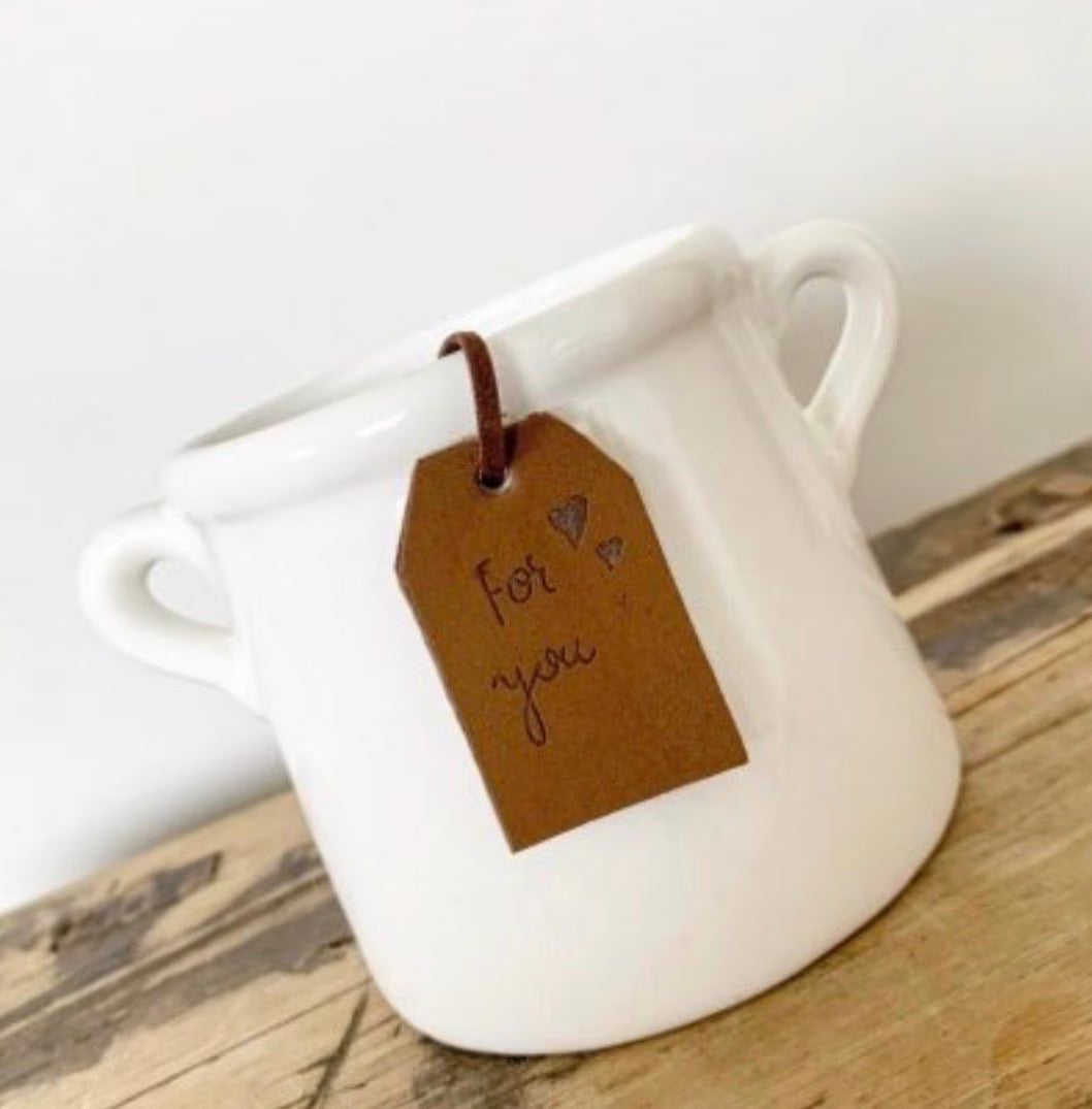 Set of Two Handled white scandi Ceramic plant Pots planters with For You Leather Tags