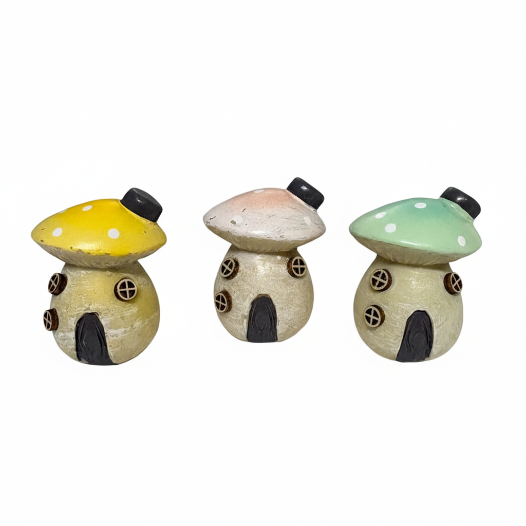 Mushroom house ornaments on white square background