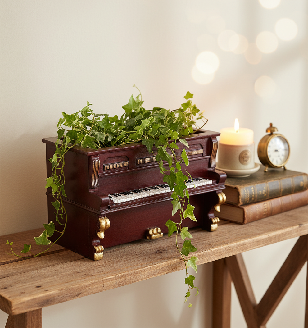 Piano planter on shelf with plant - lifestyle setting