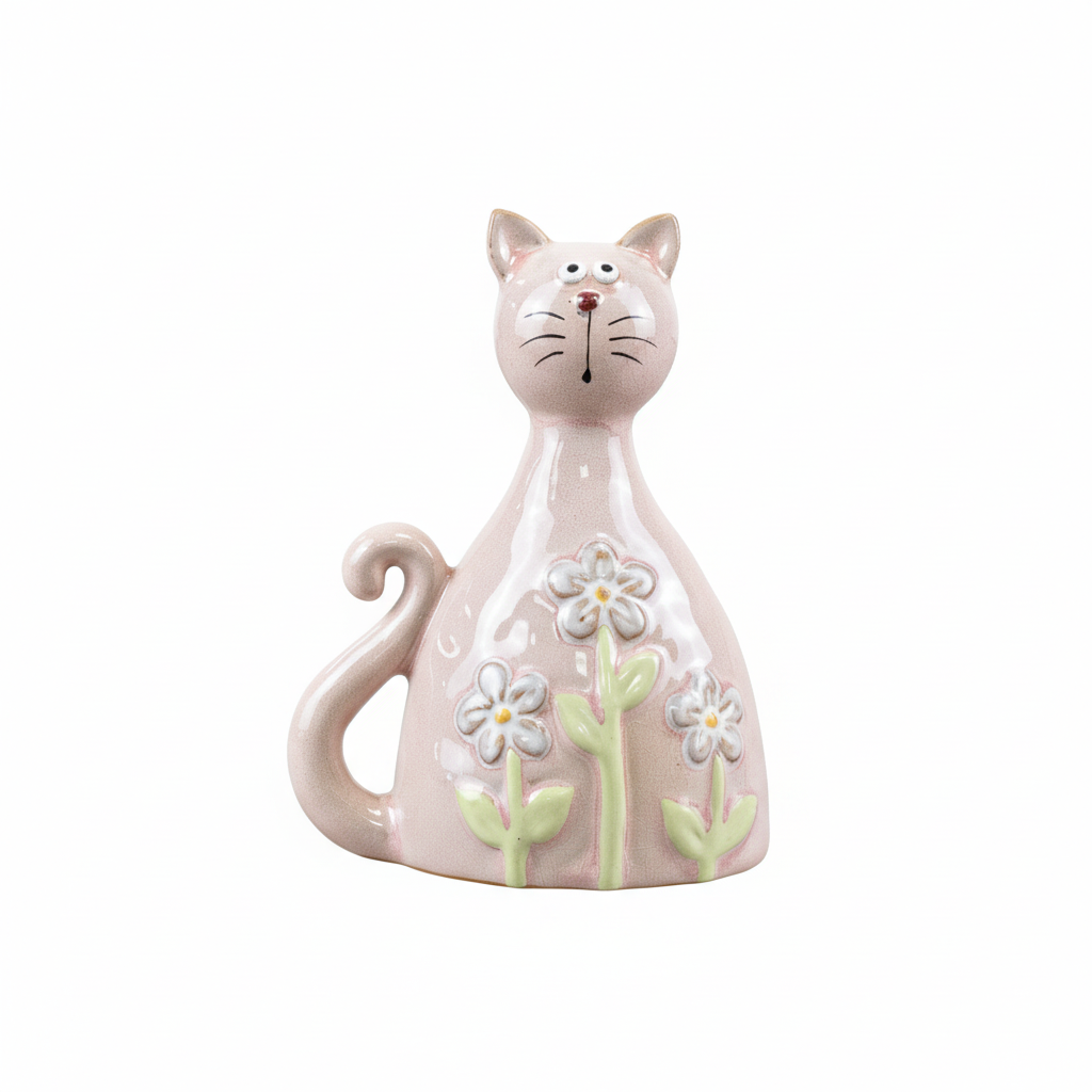 Pink ceramic cat figurine with floral details and background removed