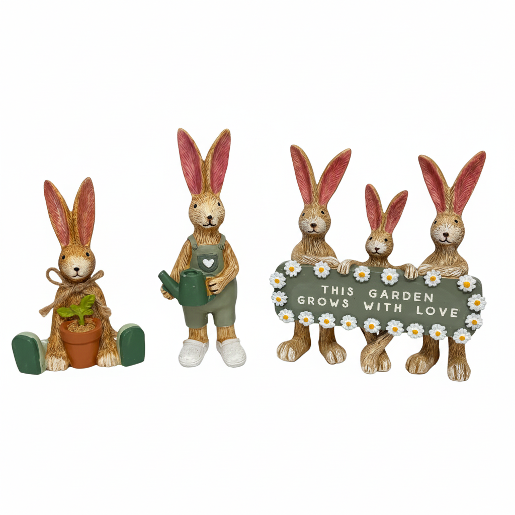Gardening Rabbit Family Ornaments – 'This Garden Grows With Love' | Set of 3