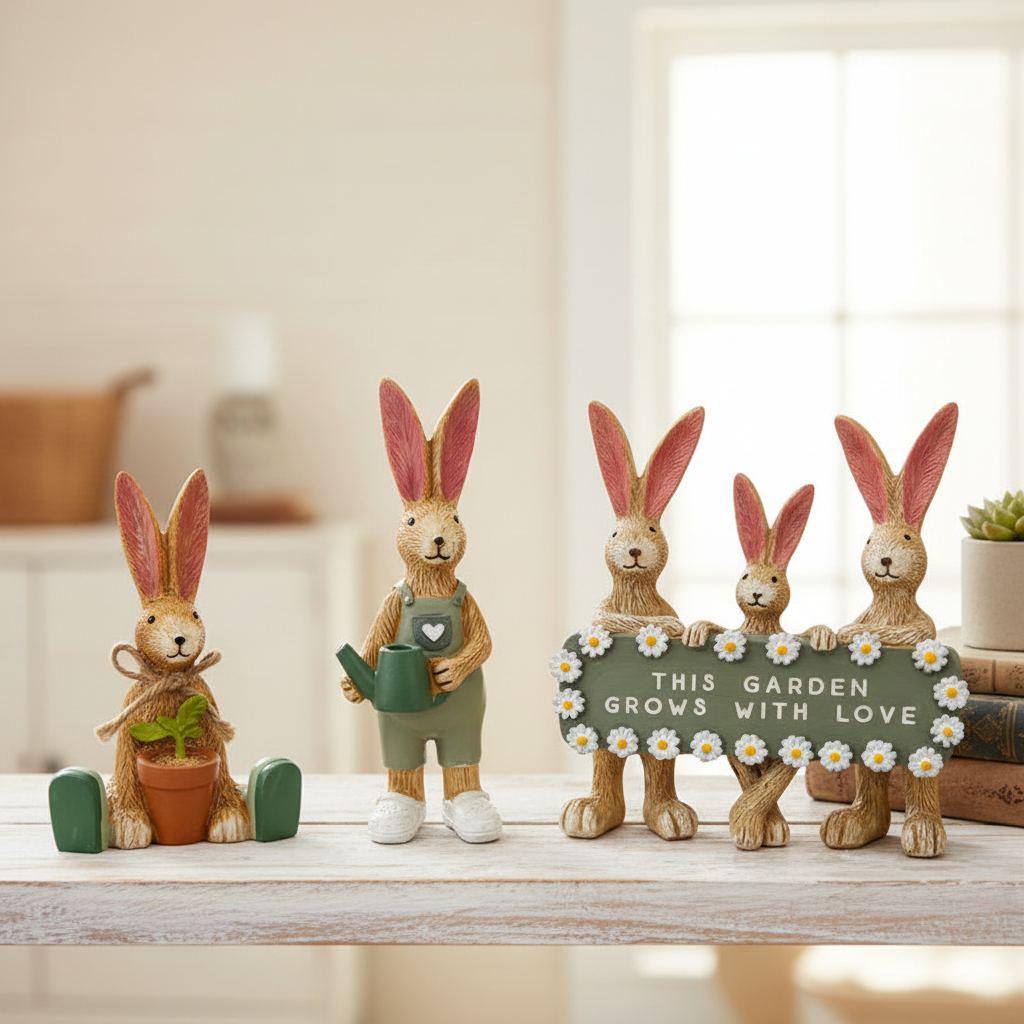 Gardening Rabbit Family Ornaments – 'This Garden Grows With Love' | Set of 3