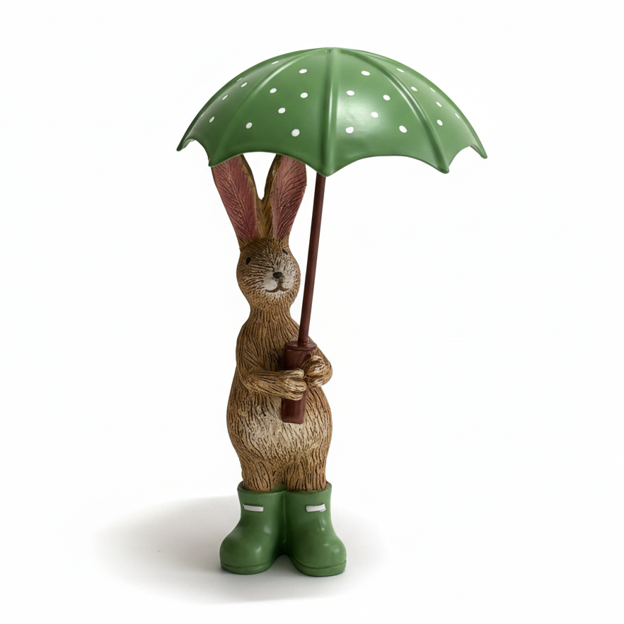 Rabbit with Green Umbrella and Wellies - White Background