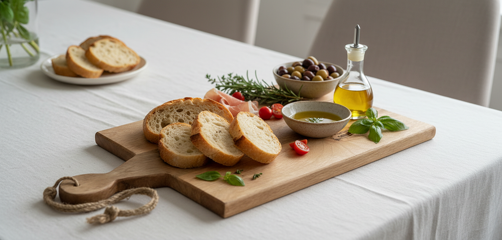 Rectangular wooden serving board in use