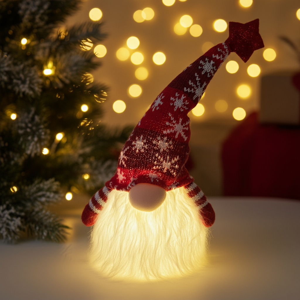 Red light-up gonk with Christmas background