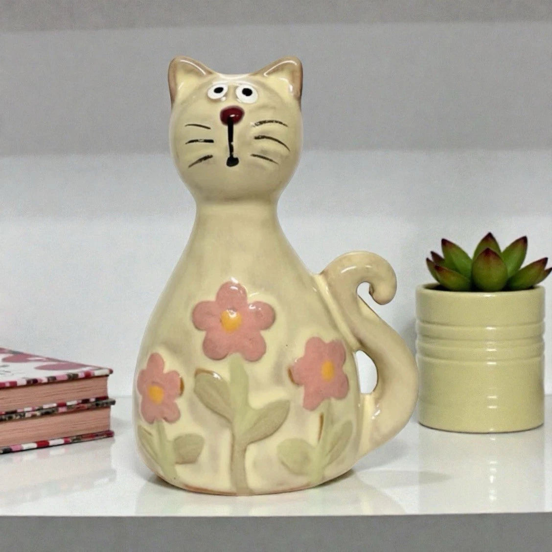 Ceramic Daisy Cat Ornament with Pink Flowers - Whimsical Home Décor