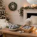 Silver glittery Christmas ornaments - holiday display ideas