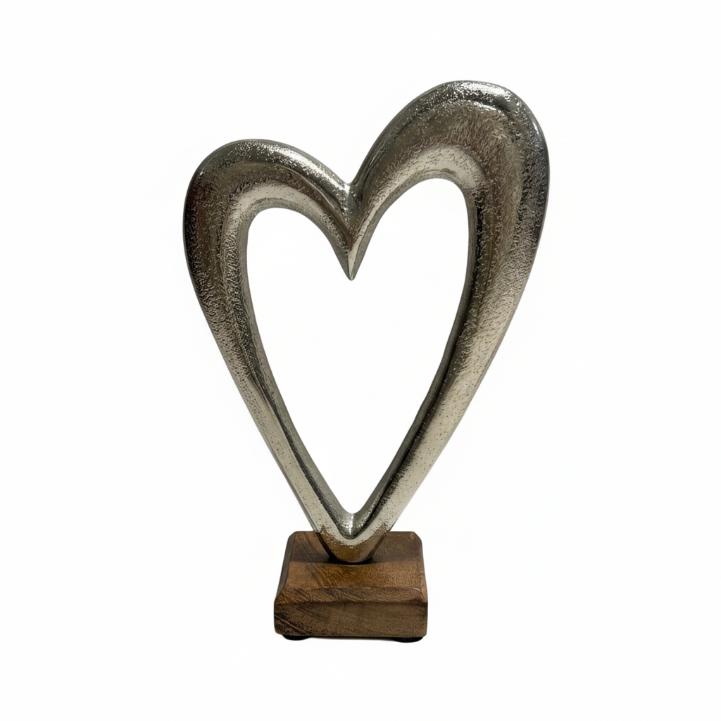Silver Heart on Wooden Base - White Background Square