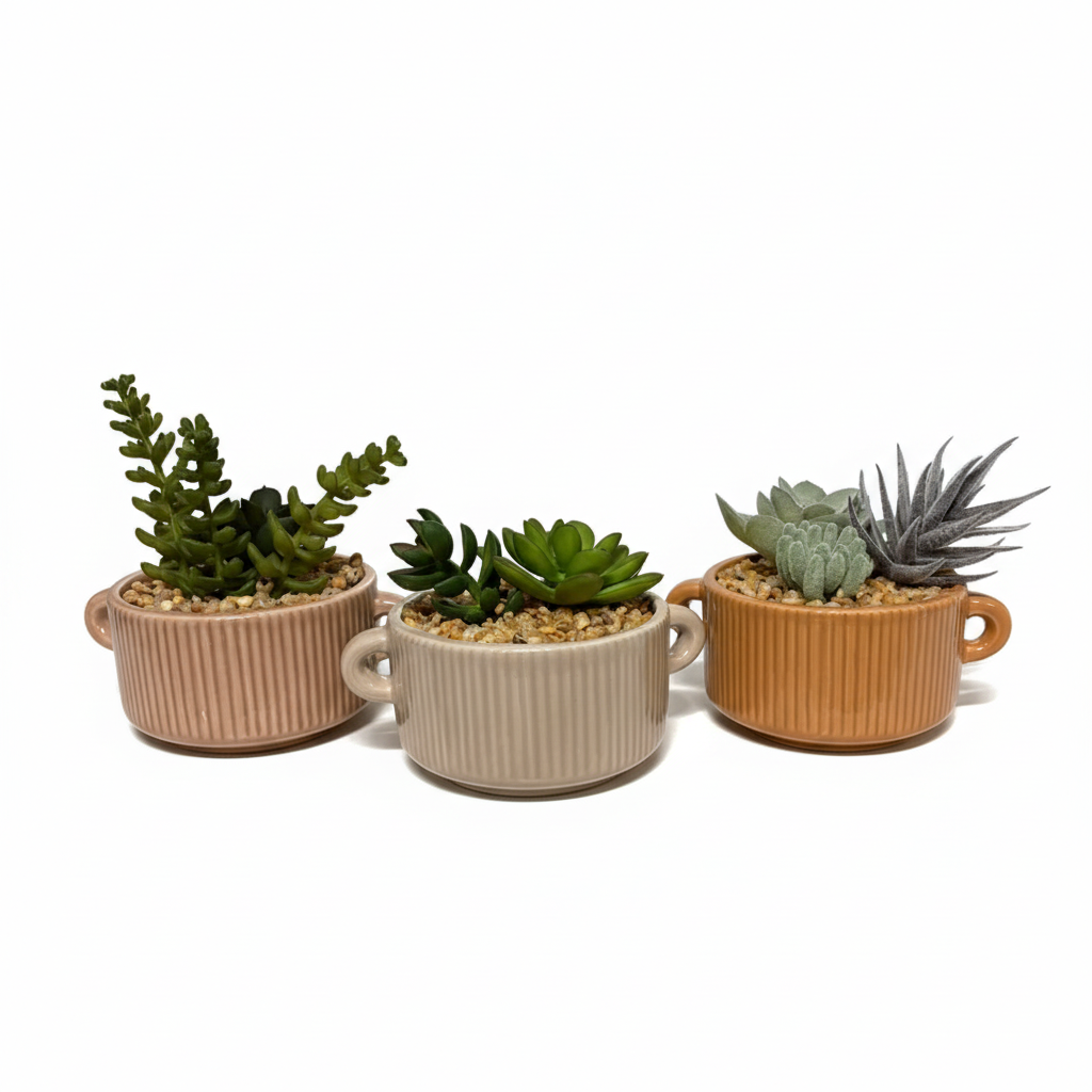 Succulent planters on white square background