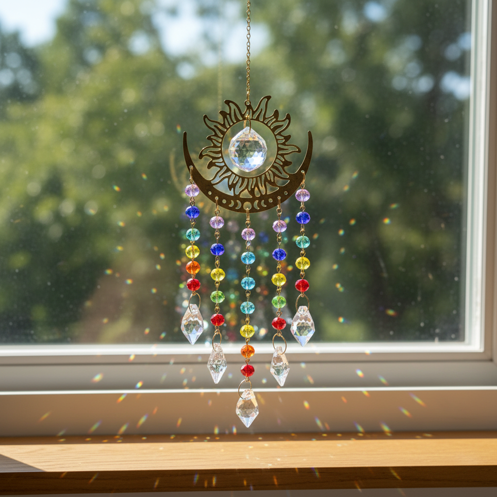 Sun crystal hanging in window - square format