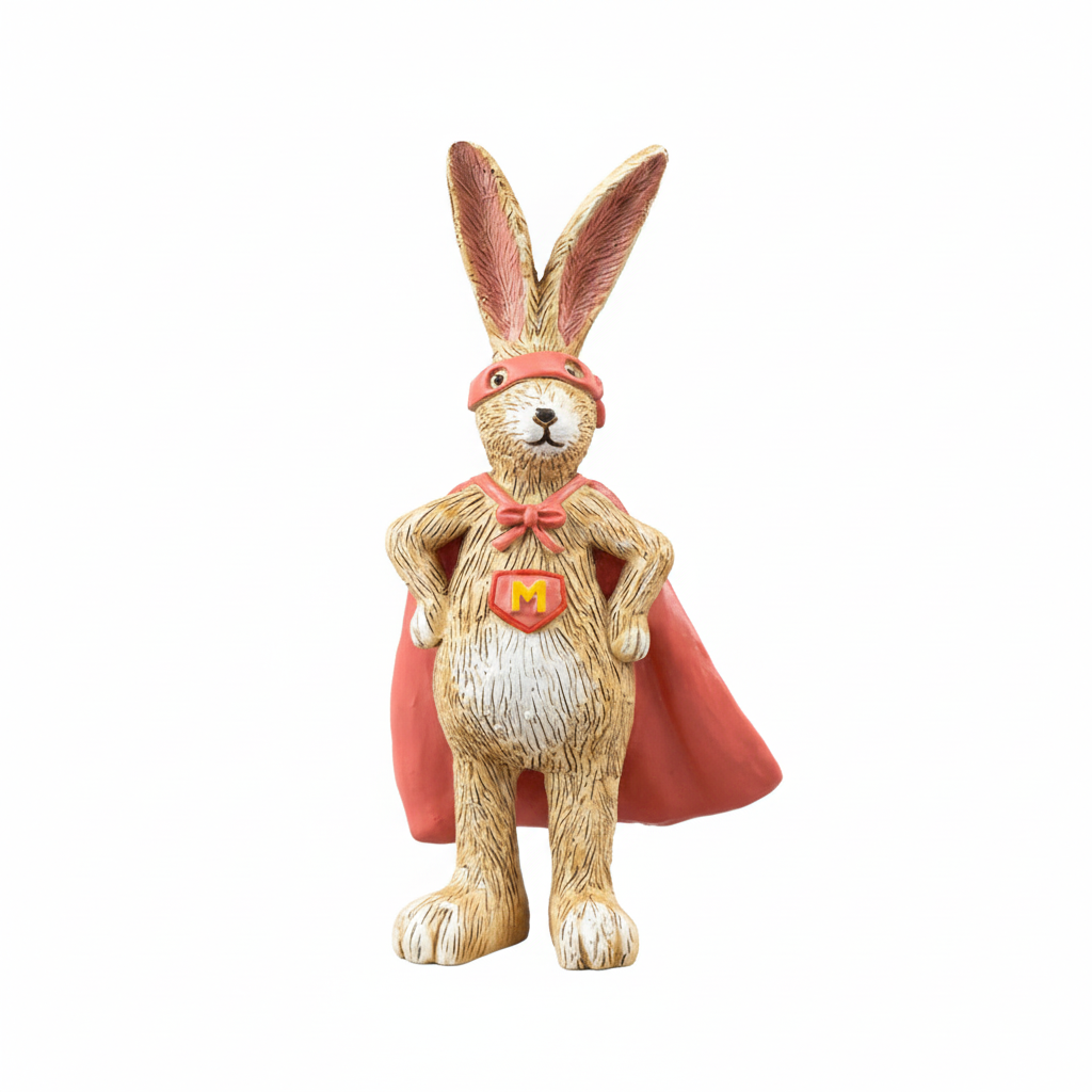 Superhero bunny figurine with cape and background removed