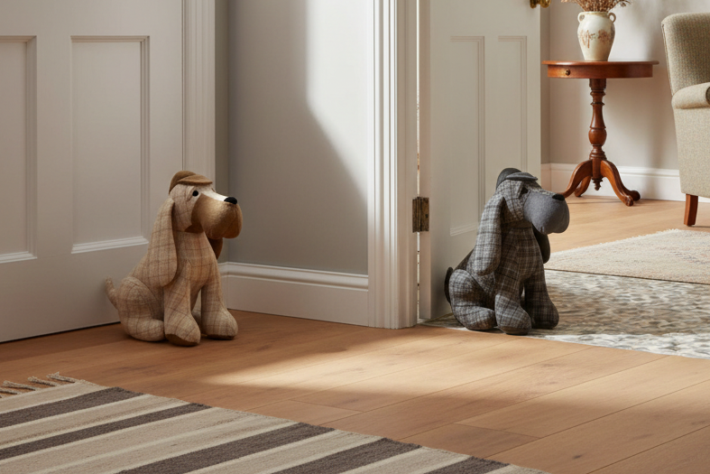 Tartan Dog Doorstops in Use