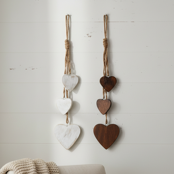 Pair of Wooden Triple Heart Hanging Garlands – White Natural Wood
